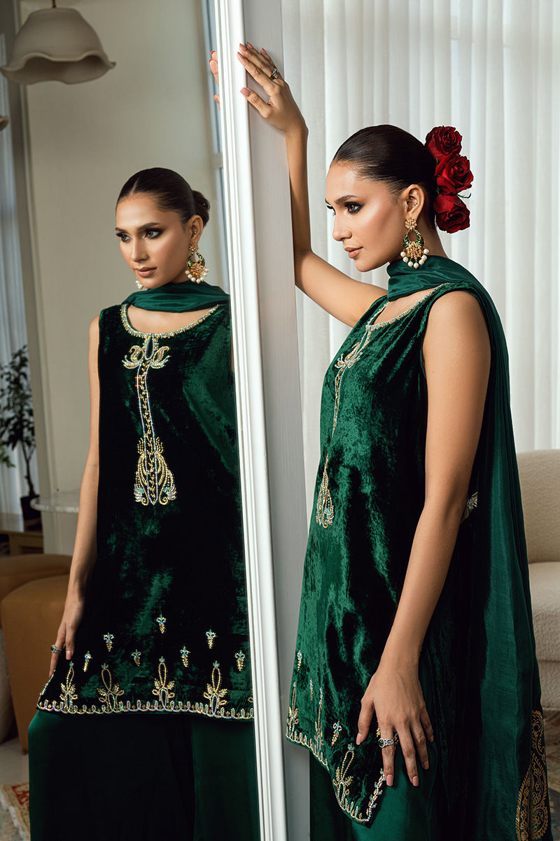 Fatima Khan | Warm Whisper Velvet 25 | Emerald Dusk by Fatima Khan - Designer Dress  - Type : Ladies Clothes - Available at Libayah - 100% Original 