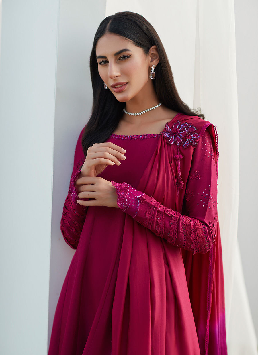 Farah Talib Aziz | Designer Picks 24 | VIV MAGENTA KALIDAAR WITH DRAPED DUPATTA by Farah Talib Aziz - Designer Dress - Type: Ladies Clothes - Available at Libayah - 100% Original