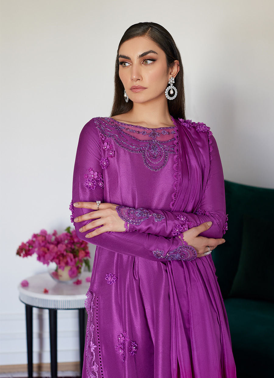 Farah Talib Aziz | Designer Picks 24 | TIERRA MUTED MAGENTA EMBROIDERED RAW SILK KALIDAR WITH DUPATTA by Farah Talib Aziz - Designer Dress - Type: Ladies Clothes - Available at Libayah - 100% Original