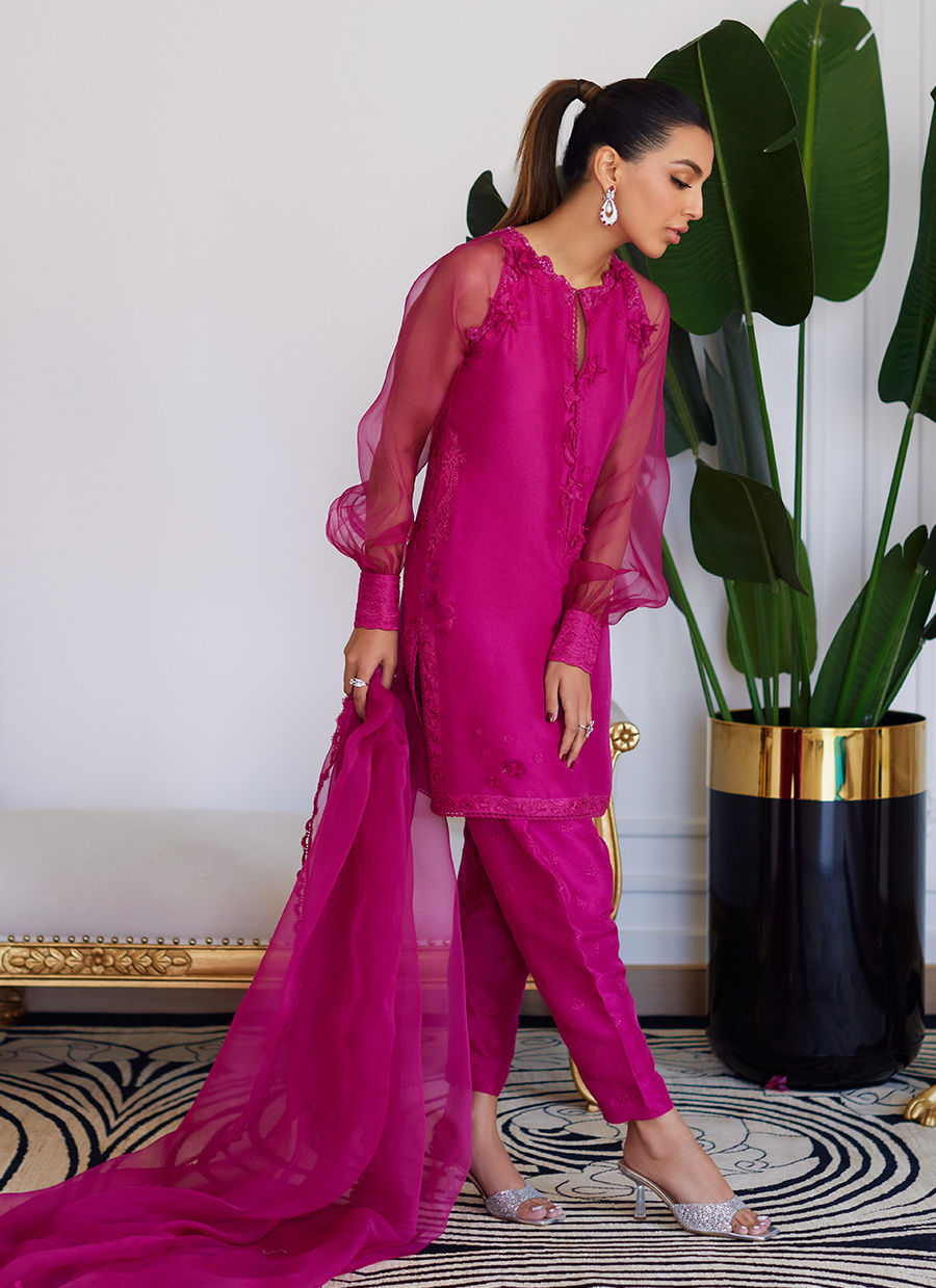 Farah Talib Aziz | Designer Picks 24 | ELIO HOT PINK RAW SILK SHIRT WITH DUPATTA by Farah Talib Aziz - Designer Dress - Type: Ladies Clothes - Available at Libayah - 100% Original