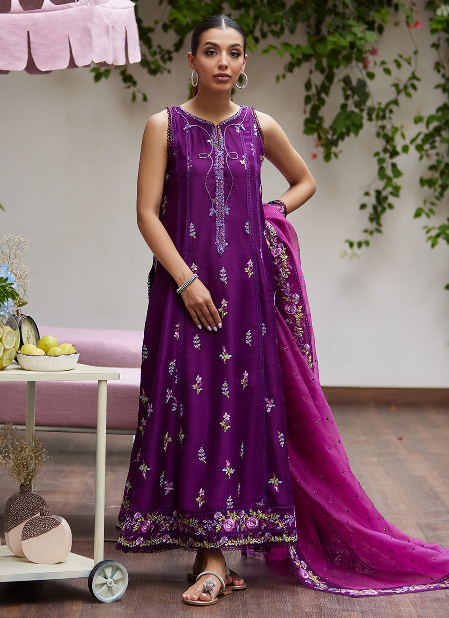 Farah Talib Aziz | Designer Picks 24 | IRINA PLUM EMBROIDERED RAW SILK SHIRT WITH DUPATTA by Farah Talib Aziz - Designer Dress - Type: Ladies Clothes - Available at Libayah - 100% Original
