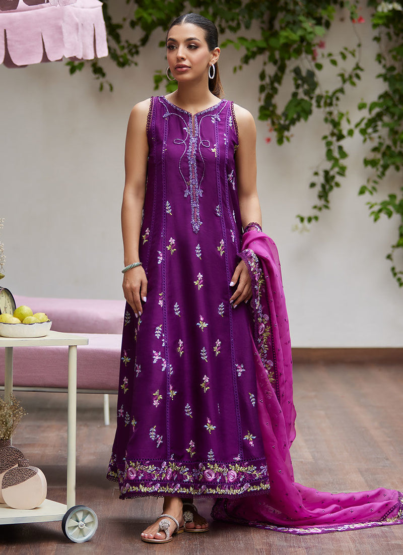 Farah Talib Aziz | Designer Picks 24 | IRINA PLUM EMBROIDERED RAW SILK SHIRT WITH DUPATTA by Farah Talib Aziz - Designer Dress - Type: Ladies Clothes - Available at Libayah - 100% Original