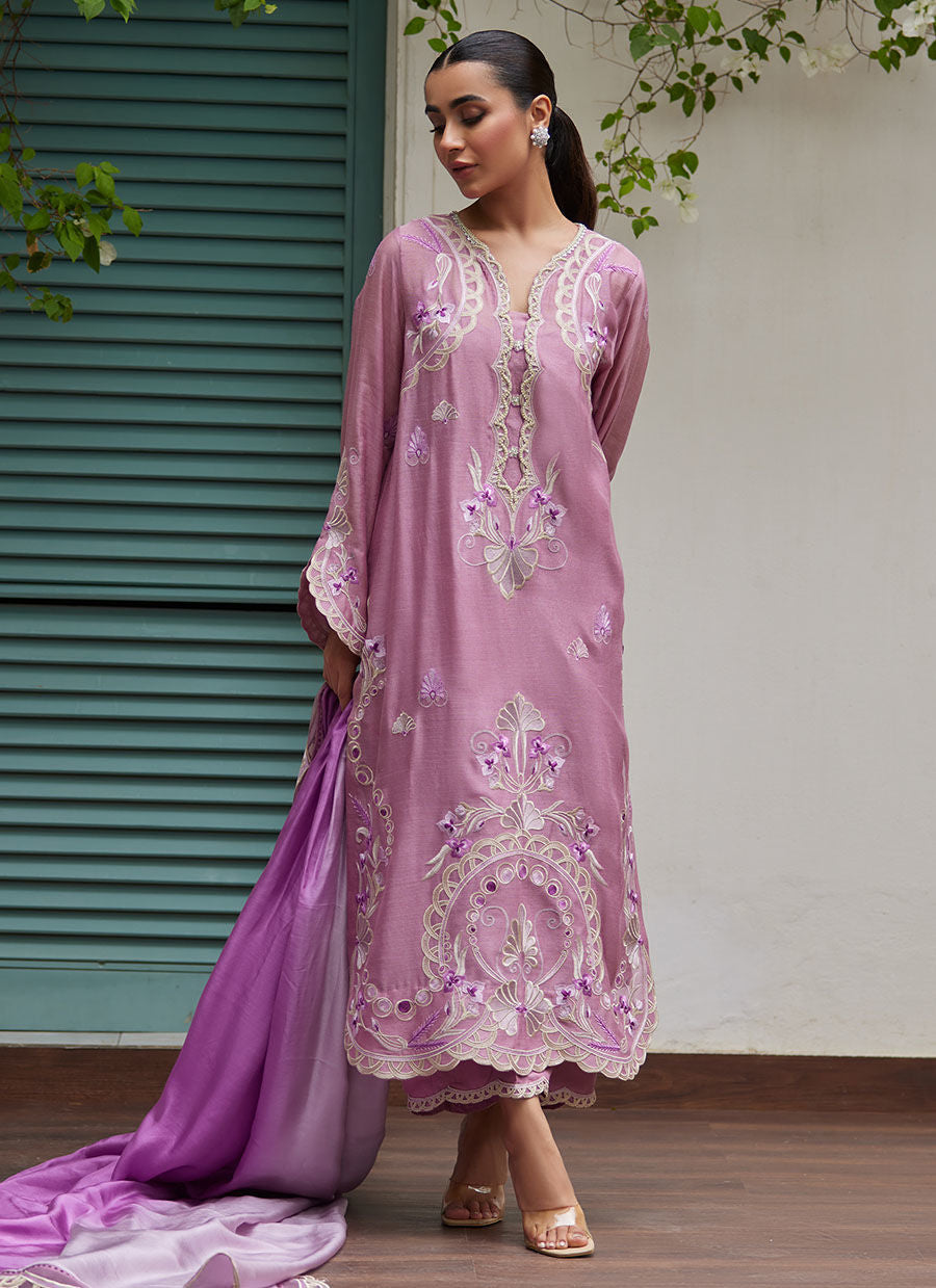 Farah Talib Aziz | Designer Picks 24 | IVAN MAUVE EMBROIDERED COTTON NET SHIRT WITH MEDIUM SILK DUPATTA by Farah Talib Aziz - Designer Dress - Type: Ladies Clothes - Available at Libayah - 100% Original