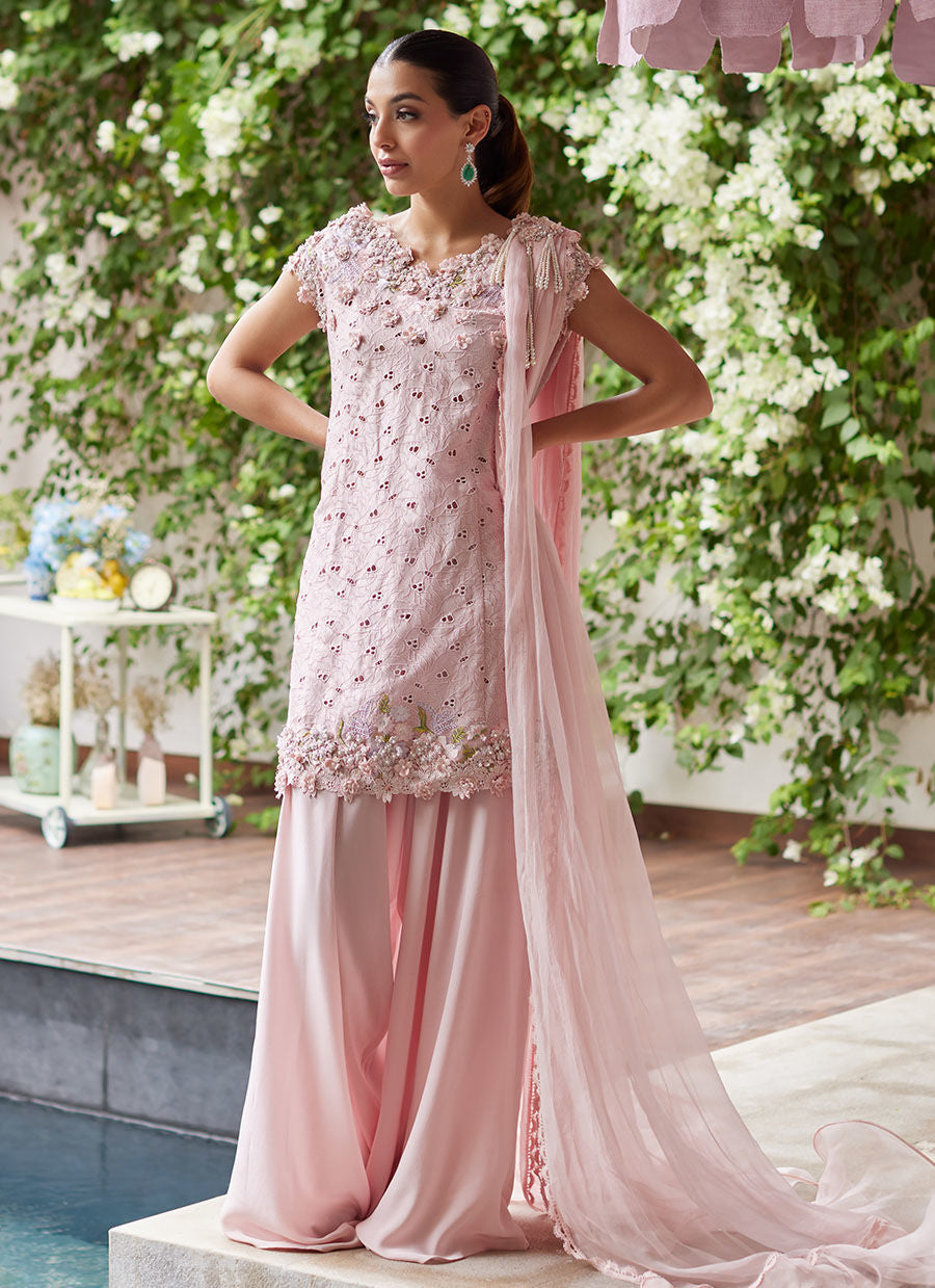 Farah Talib Aziz | Designer Picks 24 | KARINA BLUSH SCHIFFLI RAW SILK SHIRT WITH PRE-DRAPED DUPATTA by Farah Talib Aziz - Designer Dress - Type: Ladies Clothes - Available at Libayah - 100% Original