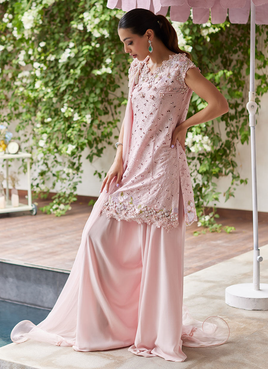 Farah Talib Aziz | Designer Picks 24 | KARINA BLUSH SCHIFFLI RAW SILK SHIRT WITH PRE-DRAPED DUPATTA by Farah Talib Aziz - Designer Dress - Type: Ladies Clothes - Available at Libayah - 100% Original