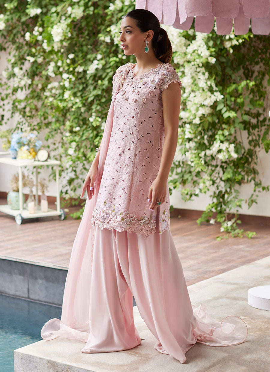 Farah Talib Aziz | Designer Picks 24 | KARINA BLUSH SCHIFFLI RAW SILK SHIRT WITH PRE-DRAPED DUPATTA by Farah Talib Aziz - Designer Dress - Type: Ladies Clothes - Available at Libayah - 100% Original