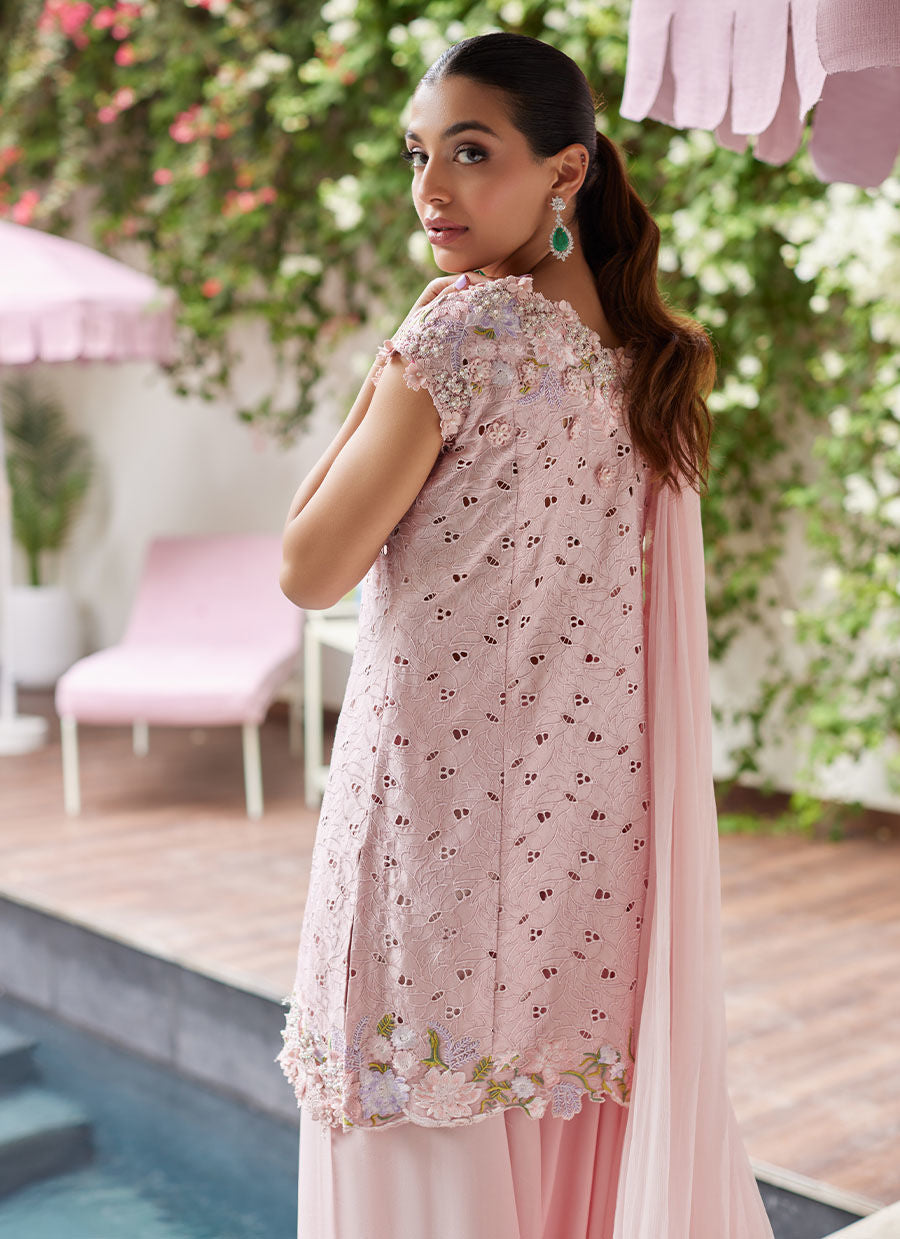 Farah Talib Aziz | Designer Picks 24 | KARINA BLUSH SCHIFFLI RAW SILK SHIRT WITH PRE-DRAPED DUPATTA by Farah Talib Aziz - Designer Dress - Type: Ladies Clothes - Available at Libayah - 100% Original