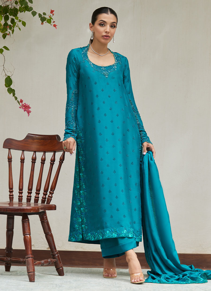 Farah Talib Aziz | Designer Picks 24 | PERSIAN GREEN EMBROIDERED AND EMBELLISHED RAW SILK SHIRT WITH DUPATTA by Farah Talib Aziz - Designer Dress - Type: Ladies Clothes - Available at Libayah - 100% Original