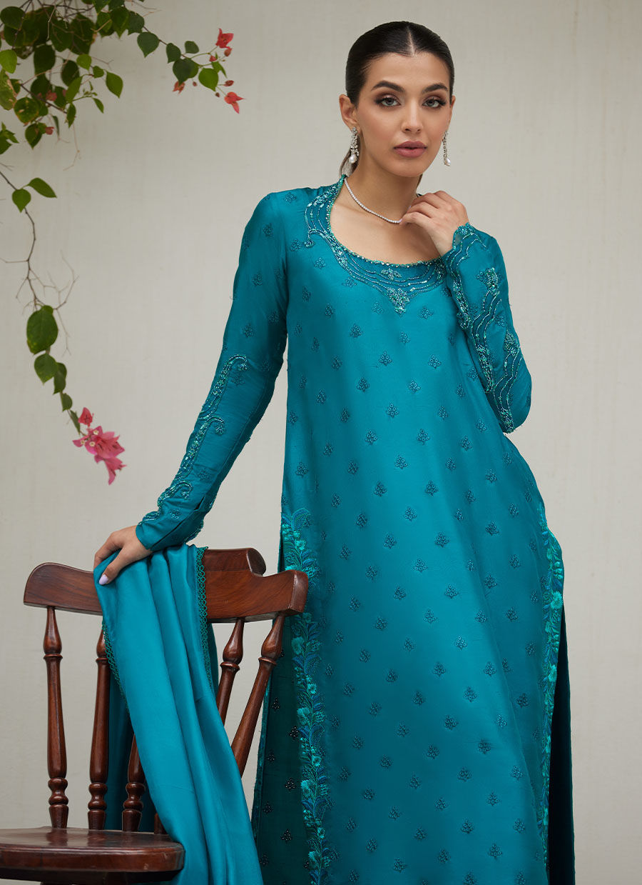 Farah Talib Aziz | Designer Picks 24 | PERSIAN GREEN EMBROIDERED AND EMBELLISHED RAW SILK SHIRT WITH DUPATTA by Farah Talib Aziz - Designer Dress - Type: Ladies Clothes - Available at Libayah - 100% Original