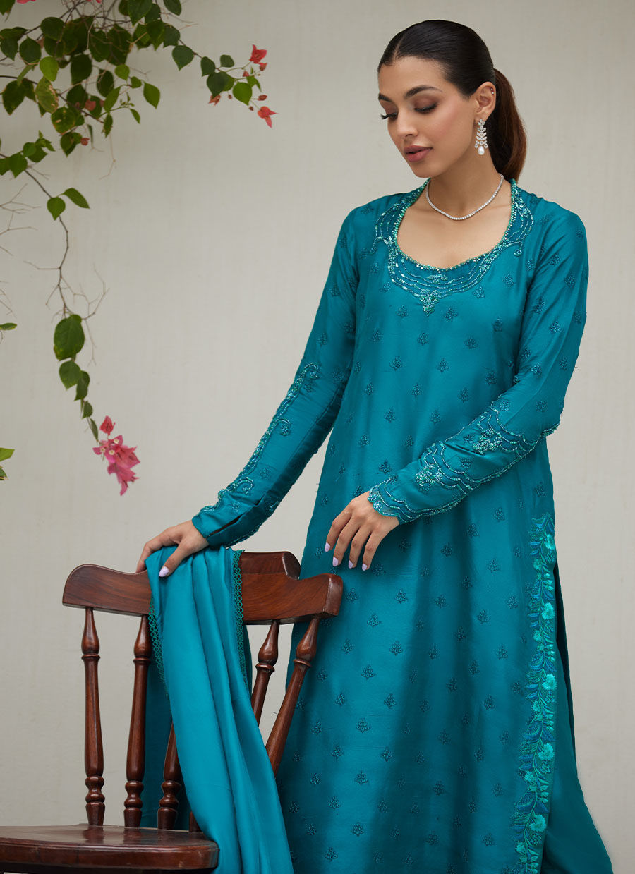Farah Talib Aziz | Designer Picks 24 | PERSIAN GREEN EMBROIDERED AND EMBELLISHED RAW SILK SHIRT WITH DUPATTA by Farah Talib Aziz - Designer Dress - Type: Ladies Clothes - Available at Libayah - 100% Original