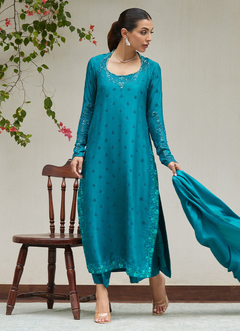 Farah Talib Aziz | Designer Picks 24 | PERSIAN GREEN EMBROIDERED AND EMBELLISHED RAW SILK SHIRT WITH DUPATTA by Farah Talib Aziz - Designer Dress - Type: Ladies Clothes - Available at Libayah - 100% Original