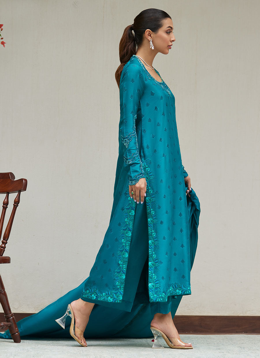Farah Talib Aziz | Designer Picks 24 | PERSIAN GREEN EMBROIDERED AND EMBELLISHED RAW SILK SHIRT WITH DUPATTA by Farah Talib Aziz - Designer Dress - Type: Ladies Clothes - Available at Libayah - 100% Original