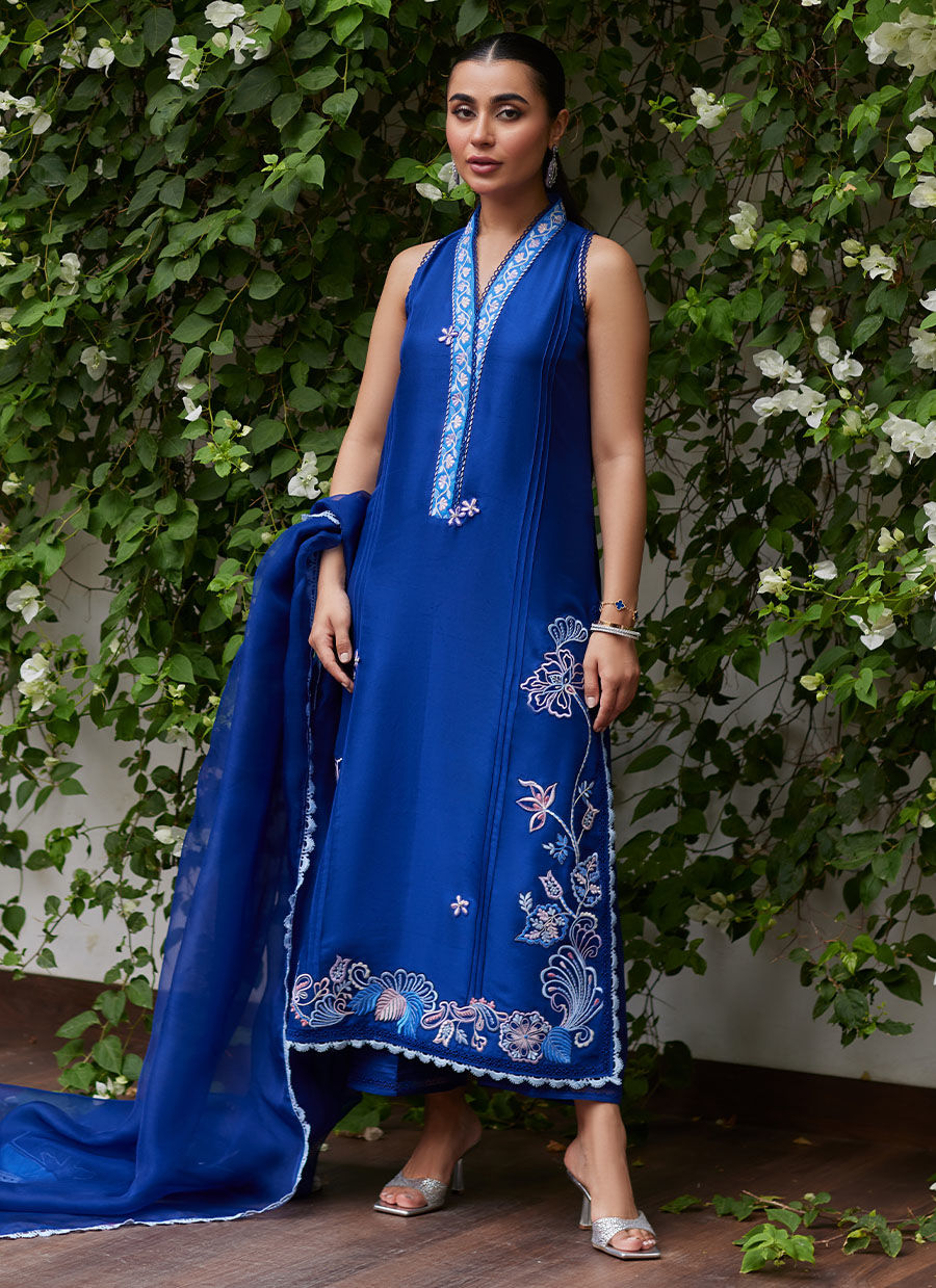 Farah Talib Aziz | Designer Picks 24 | INGA INK BLUE EMBROIDERED RAW SILK SHIRT AND DUPATTA by Farah Talib Aziz - Designer Dress - Type: Ladies Clothes - Available at Libayah - 100% Original