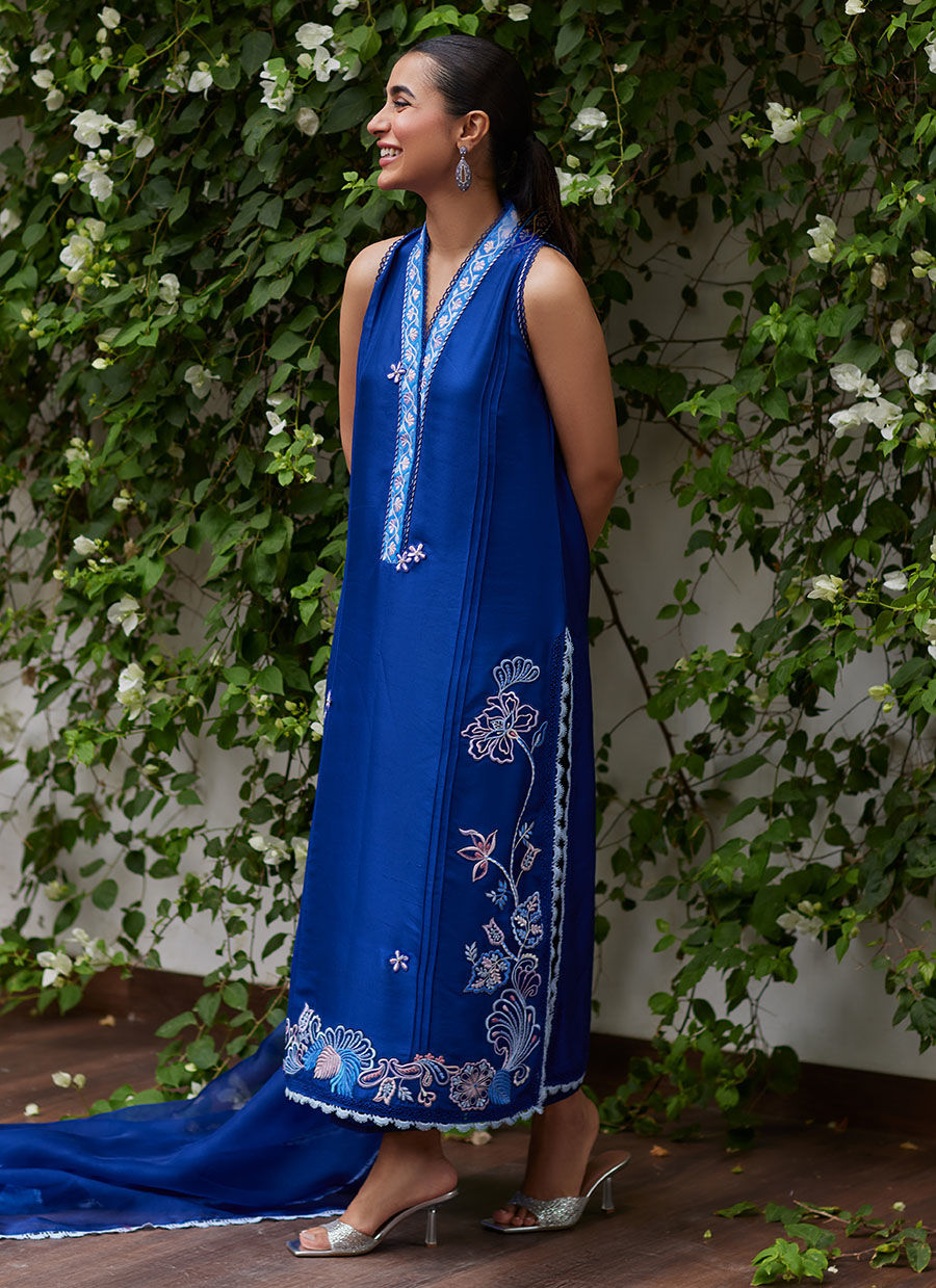 Farah Talib Aziz | Designer Picks 24 | INGA INK BLUE EMBROIDERED RAW SILK SHIRT AND DUPATTA by Farah Talib Aziz - Designer Dress - Type: Ladies Clothes - Available at Libayah - 100% Original