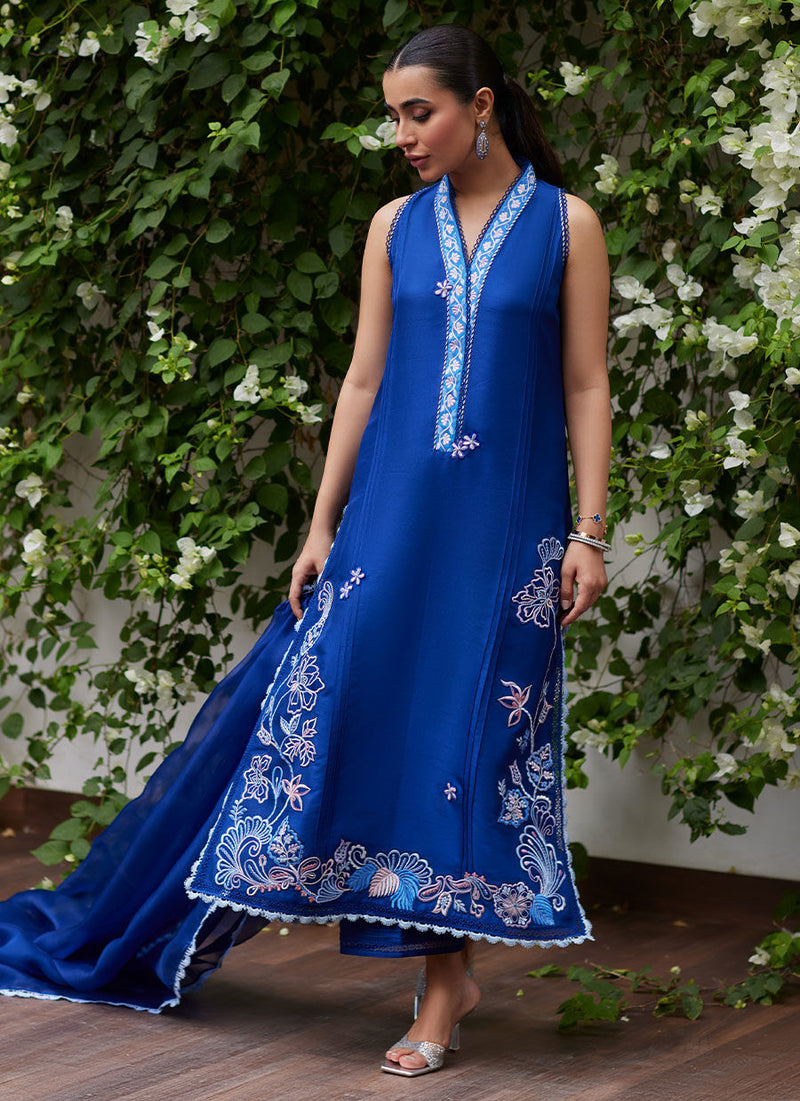 Farah Talib Aziz | Designer Picks 24 | INGA INK BLUE EMBROIDERED RAW SILK SHIRT AND DUPATTA by Farah Talib Aziz - Designer Dress - Type: Ladies Clothes - Available at Libayah - 100% Original