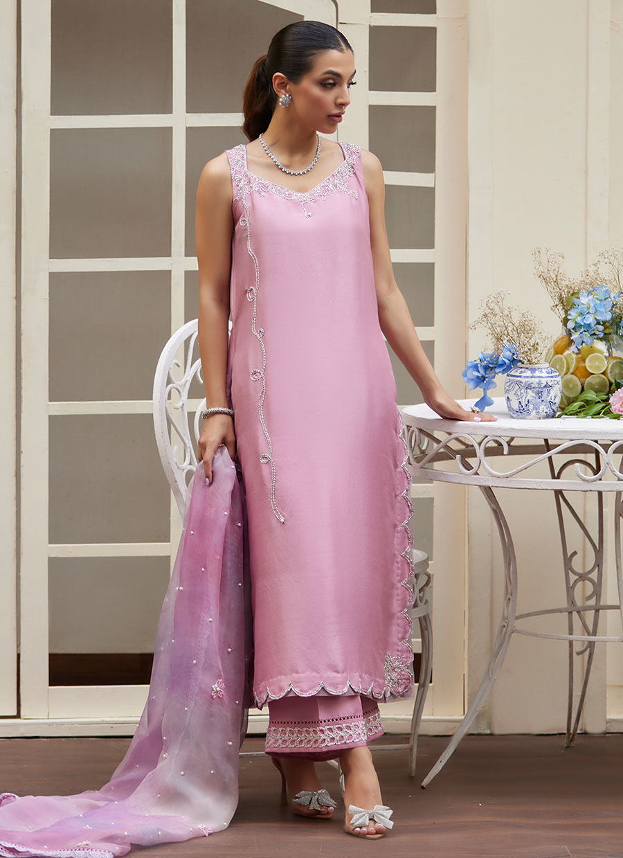 Farah Talib Aziz | Designer Picks 24 | NINEL LILAC EMBELLISHED RAW SILK SHIRT WITH PRINTED ORGANZA DUPATTA by Farah Talib Aziz - Designer Dress - Type: Ladies Clothes - Available at Libayah - 100% Original