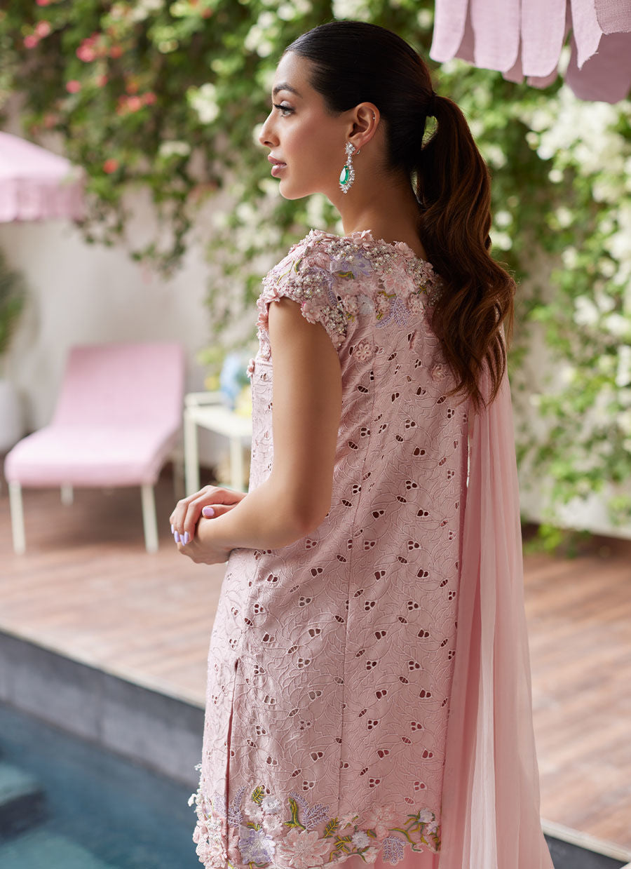 Farah Talib Aziz | Designer Picks 24 | KARINA BLUSH SCHIFFLI RAW SILK SHIRT WITH PRE-DRAPED DUPATTA by Farah Talib Aziz - Designer Dress - Type: Ladies Clothes - Available at Libayah - 100% Original