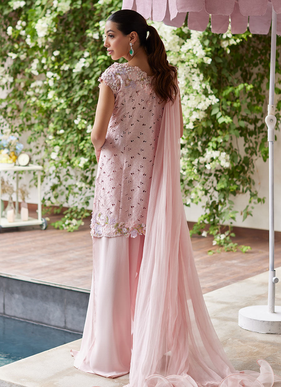 Farah Talib Aziz | Designer Picks 24 | KARINA BLUSH SCHIFFLI RAW SILK SHIRT WITH PRE-DRAPED DUPATTA by Farah Talib Aziz - Designer Dress - Type: Ladies Clothes - Available at Libayah - 100% Original