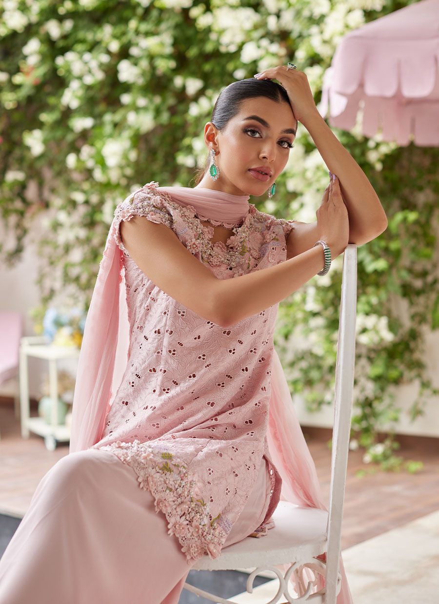 Farah Talib Aziz | Designer Picks 24 | KARINA BLUSH SCHIFFLI RAW SILK SHIRT WITH PRE-DRAPED DUPATTA by Farah Talib Aziz - Designer Dress - Type: Ladies Clothes - Available at Libayah - 100% Original