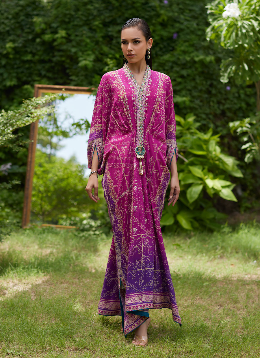 Farah Talib Aziz | Mayna Festive Prints 24 | Zahli Magenta Ombre Kaftan by Farah Talib Aziz - Designer Dress - Type: Ladies Clothes - Available at Libayah - 100% Original