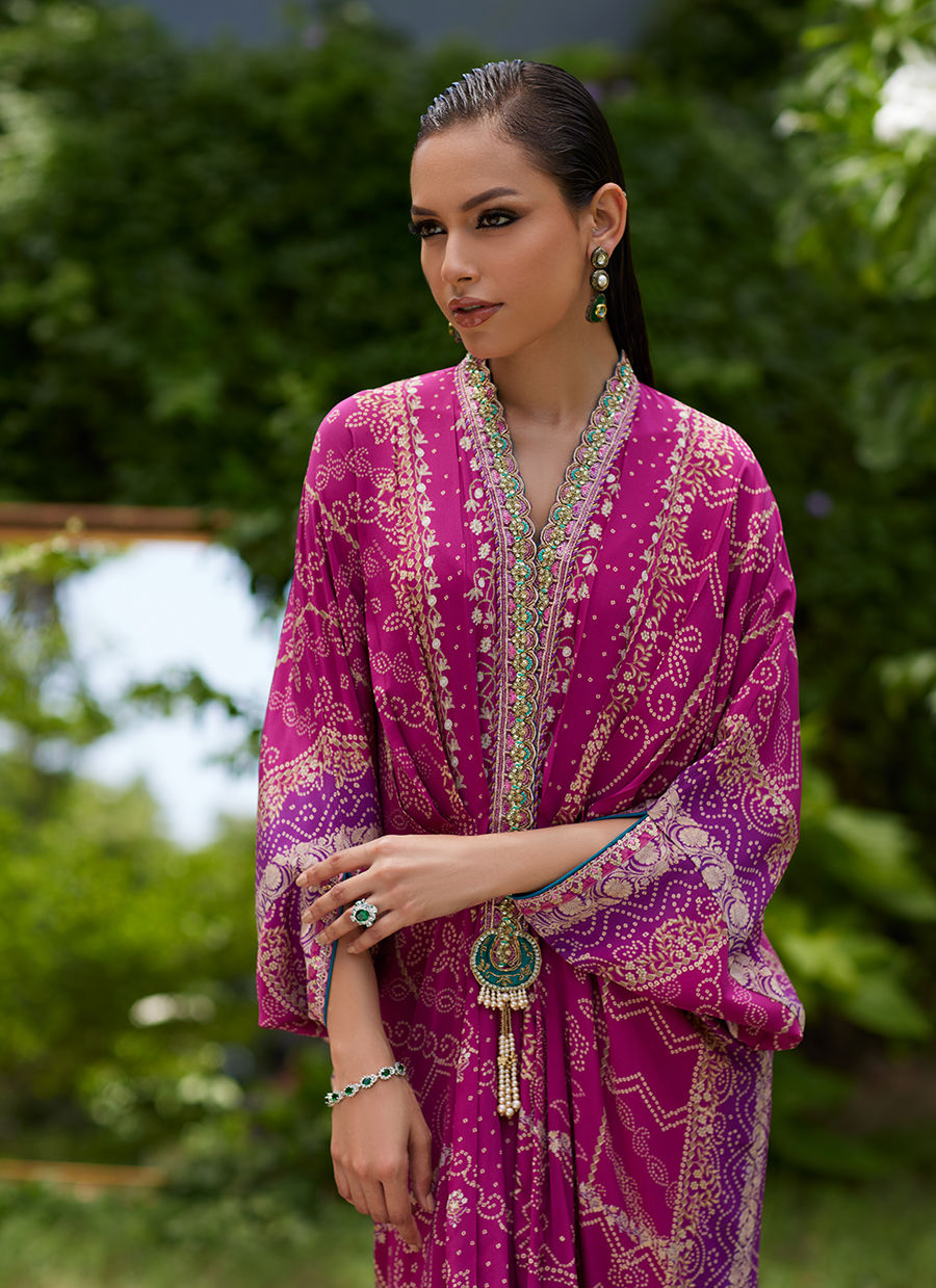 Farah Talib Aziz | Mayna Festive Prints 24 | Zahli Magenta Ombre Kaftan by Farah Talib Aziz - Designer Dress - Type: Ladies Clothes - Available at Libayah - 100% Original