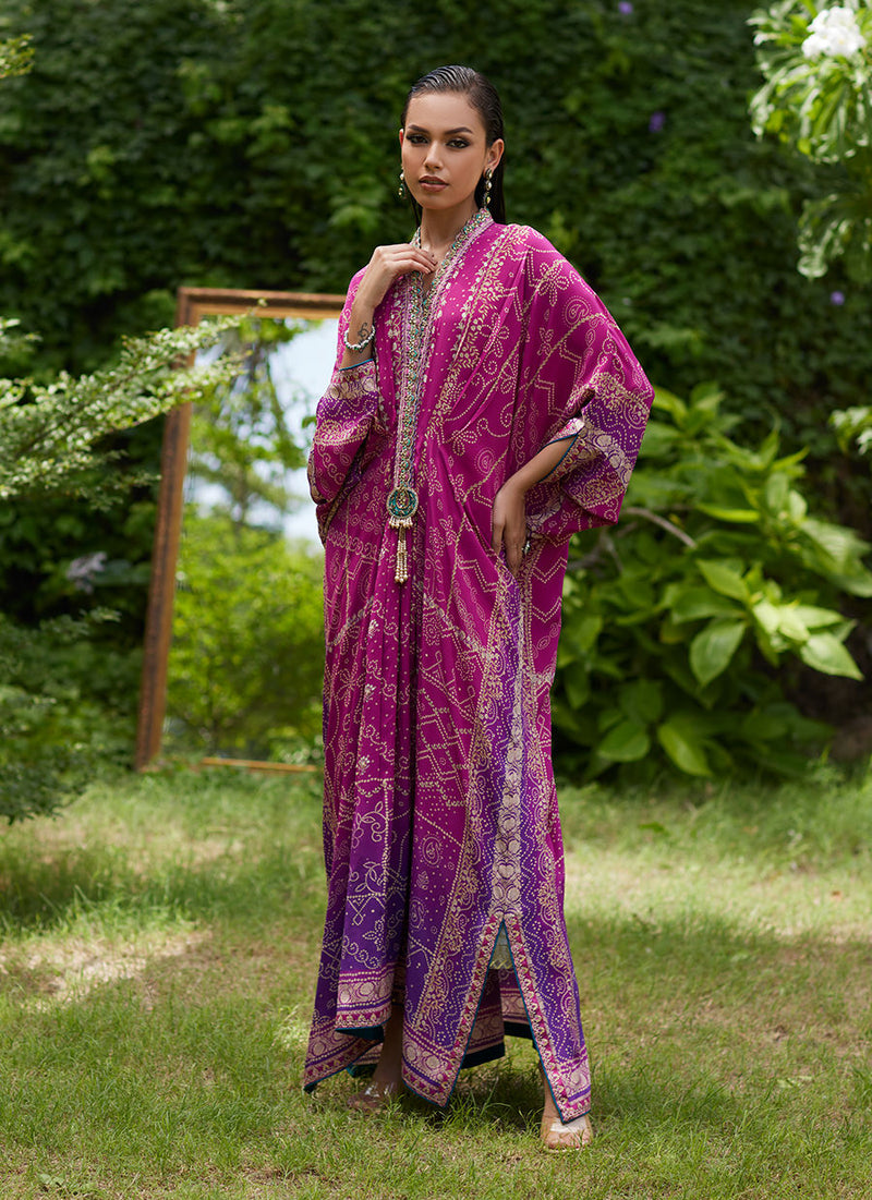 Farah Talib Aziz | Mayna Festive Prints 24 | Zahli Magenta Ombre Kaftan by Farah Talib Aziz - Designer Dress - Type: Ladies Clothes - Available at Libayah - 100% Original
