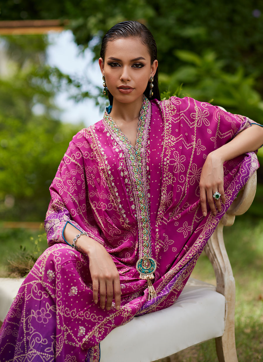 Farah Talib Aziz | Mayna Festive Prints 24 | Zahli Magenta Ombre Kaftan by Farah Talib Aziz - Designer Dress - Type: Ladies Clothes - Available at Libayah - 100% Original