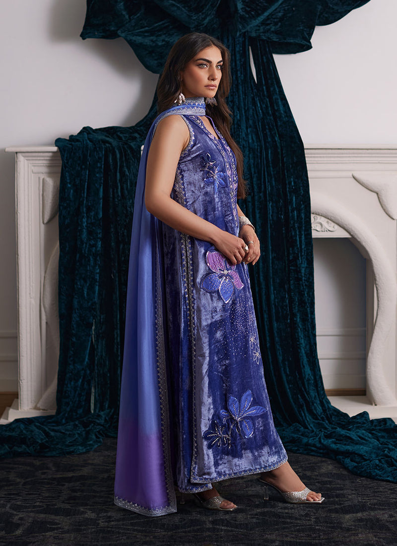 Farah Talib Aziz | Velvets The After Party | ISABEL PERIWINKLE SHIRT AND DUPATTA by Farah Talib Aziz - Designer Dress - Type: Ladies Clothes - Available at Libayah - 100% Original