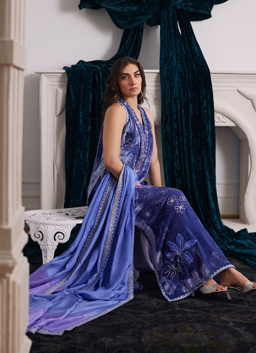Farah Talib Aziz | Velvets The After Party | ISABEL PERIWINKLE SHIRT AND DUPATTA by Farah Talib Aziz - Designer Dress - Type: Ladies Clothes - Available at Libayah - 100% Original