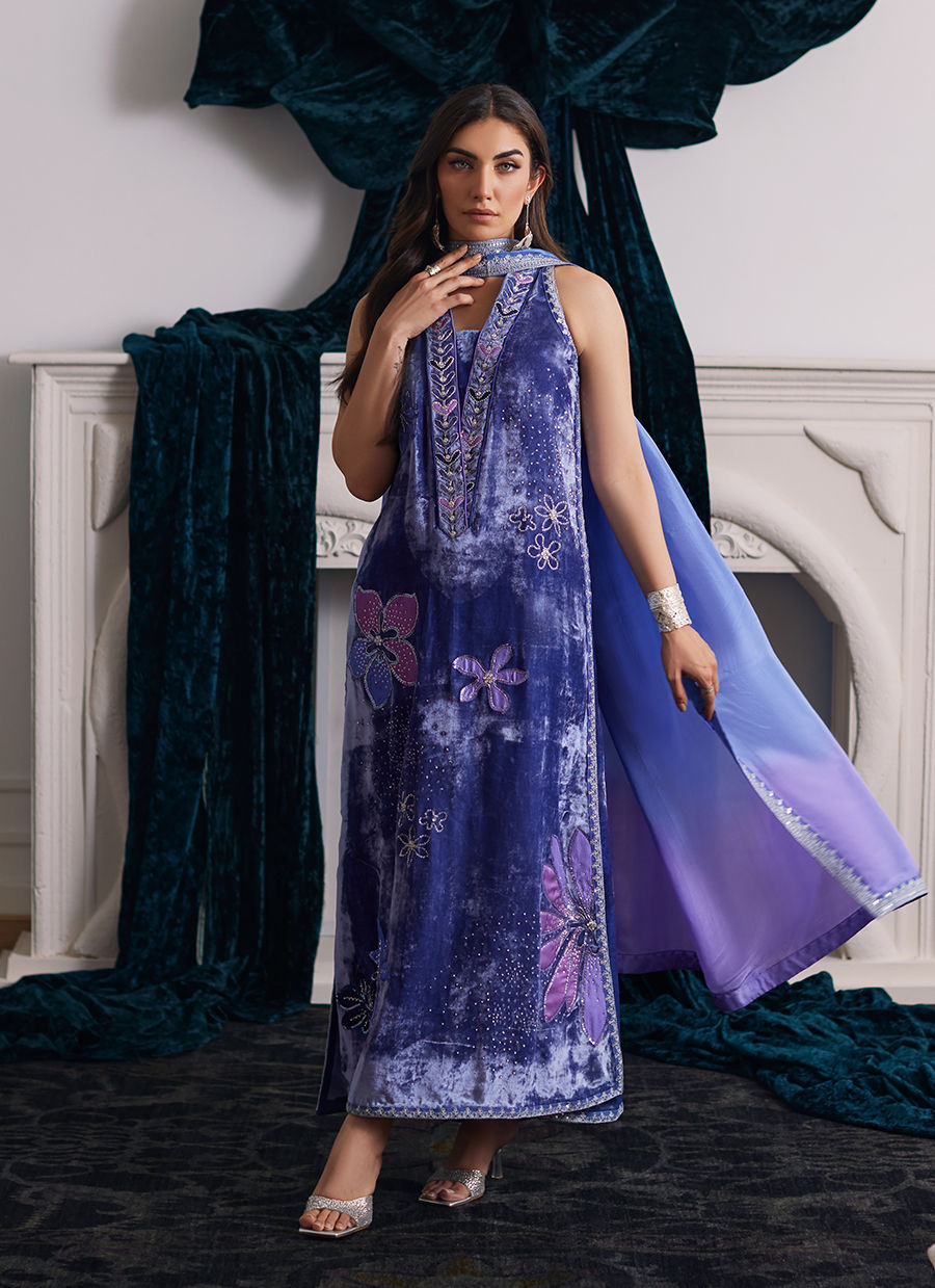 Farah Talib Aziz | Velvets The After Party | ISABEL PERIWINKLE SHIRT AND DUPATTA by Farah Talib Aziz - Designer Dress - Type: Ladies Clothes - Available at Libayah - 100% Original