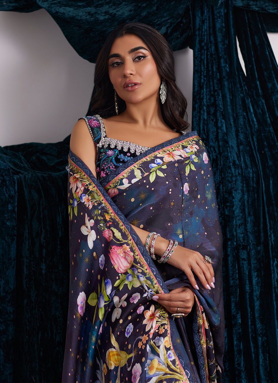 Farah Talib Aziz | Velvets The After Party | ALIXIA CHARMEUSE SAREE WITH VELVET BLOUSE by Farah Talib Aziz - Designer Dress - Type: Ladies Clothes - Available at Libayah - 100% Original