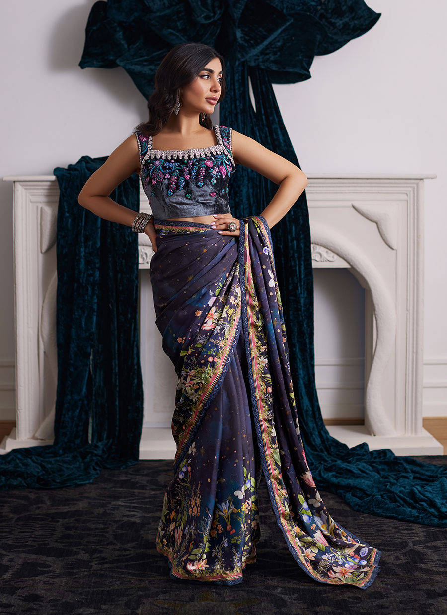 Farah Talib Aziz | Velvets The After Party | ALIXIA CHARMEUSE SAREE WITH VELVET BLOUSE by Farah Talib Aziz - Designer Dress - Type: Ladies Clothes - Available at Libayah - 100% Original