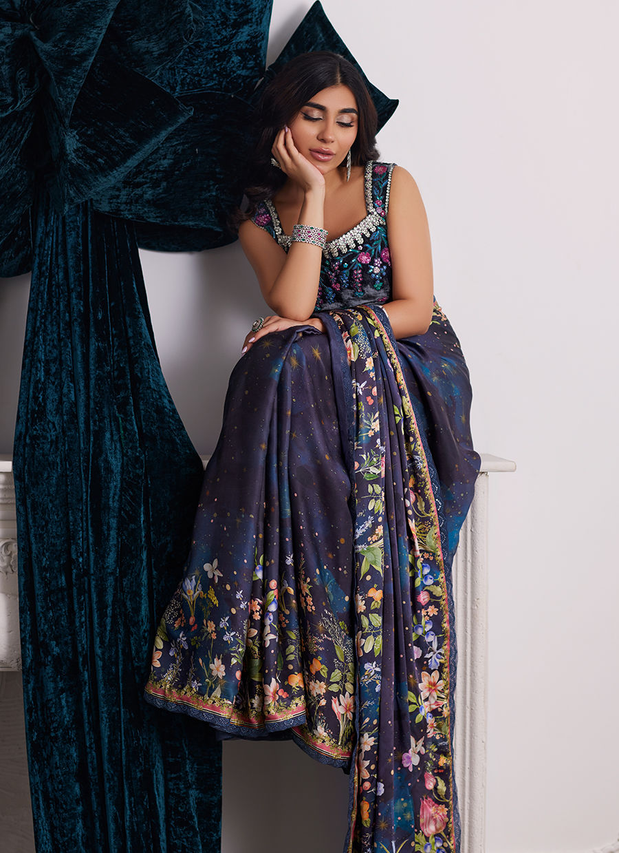 Farah Talib Aziz | Velvets The After Party | ALIXIA CHARMEUSE SAREE WITH VELVET BLOUSE by Farah Talib Aziz - Designer Dress - Type: Ladies Clothes - Available at Libayah - 100% Original