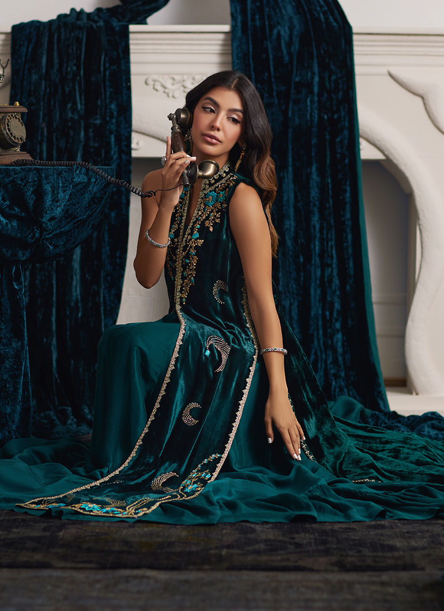 Farah Talib Aziz | Velvets The After Party | ORMAIE EMERALD SHIRT AND PANELLED DRESS JACKET by Farah Talib Aziz - Designer Dress - Type: Ladies Clothes - Available at Libayah - 100% Original