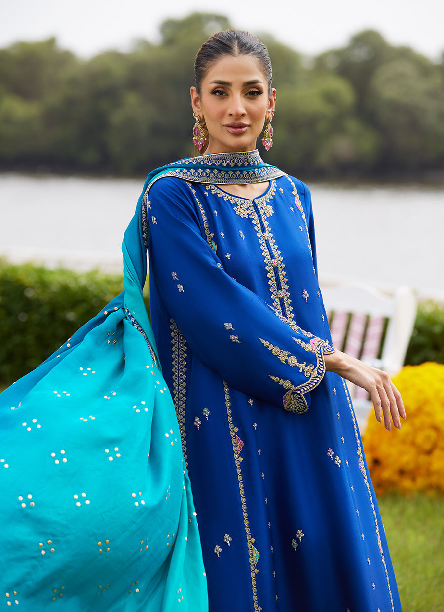 Farah Talib Aziz | Mayna Festive Luxe Pret | Opal Blue Shirt And Dupatta