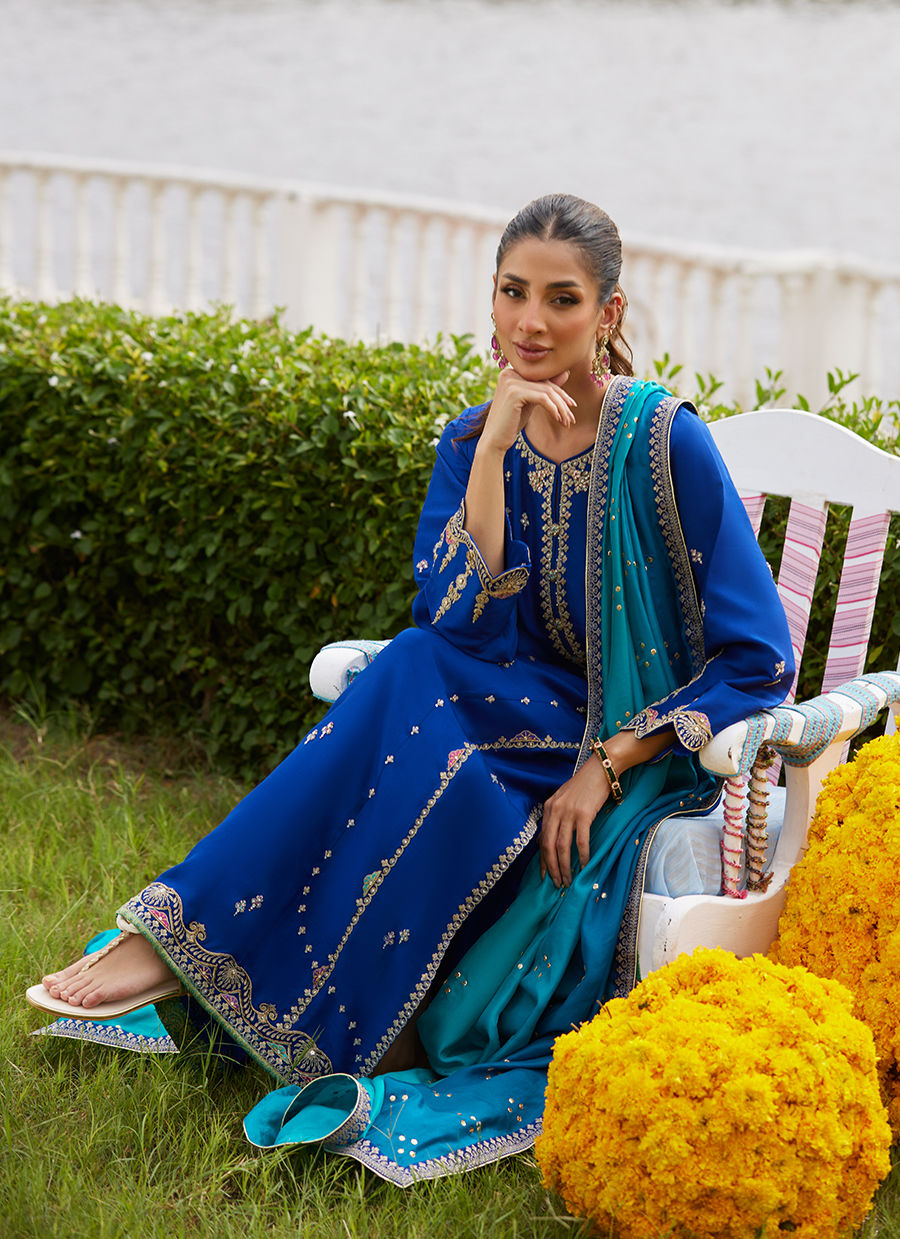 Farah Talib Aziz | Mayna Festive Luxe Pret | Opal Blue Shirt And Dupatta