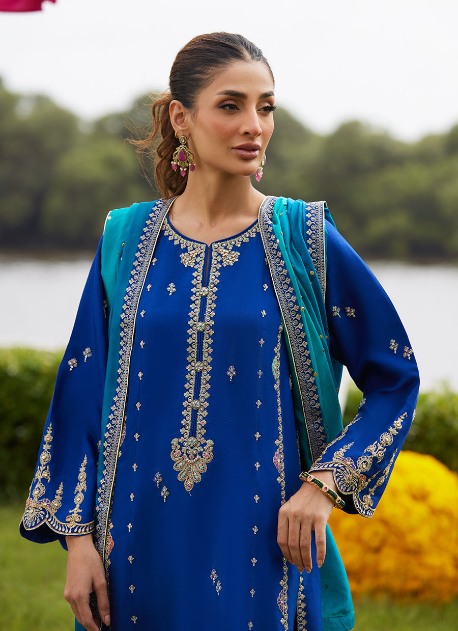Farah Talib Aziz | Mayna Festive Luxe Pret | Opal Blue Shirt And Dupatta