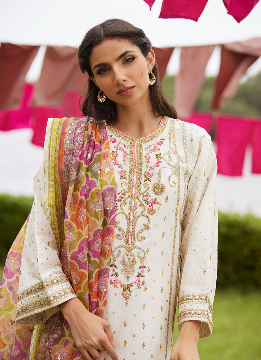 Farah Talib Aziz | Mayna Festive Luxe Pret | Ember Ivory Kurta And Dupatta