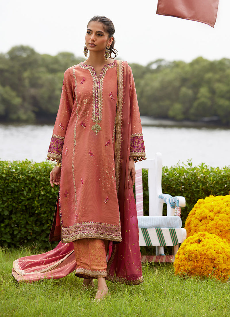Rivaaz Coral Shirt And Dupatta – authentic Pakistani formal dress from the Farah Talib Aziz Mayna Festive Luxe Pret collection for women in the UK