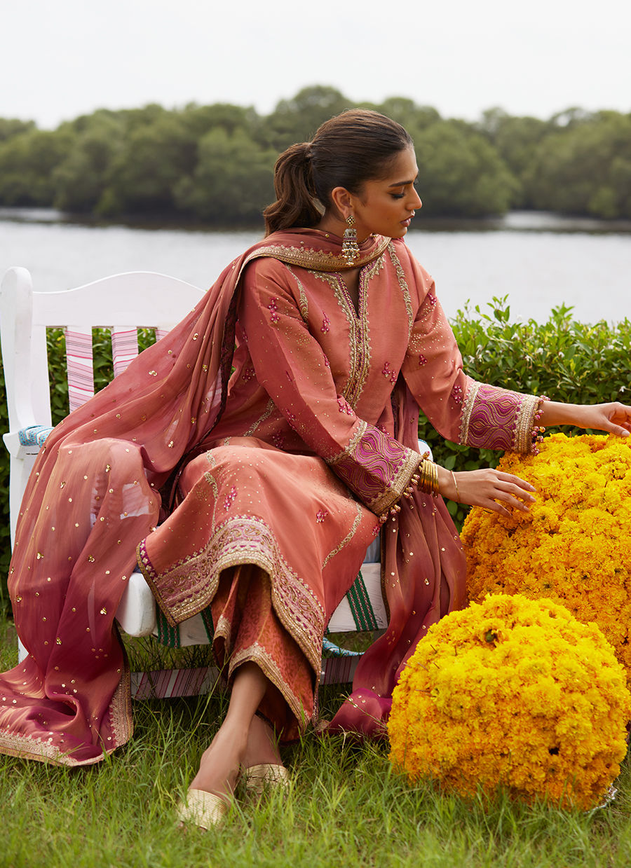 Farah Talib Aziz | Mayna Festive Luxe Pret | Rivaaz Coral Shirt And Dupatta