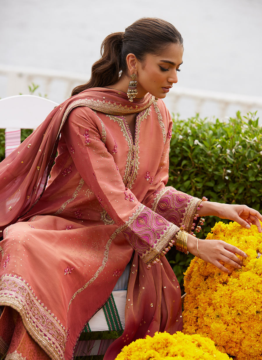 Farah Talib Aziz | Mayna Festive Luxe Pret | Rivaaz Coral Shirt And Dupatta