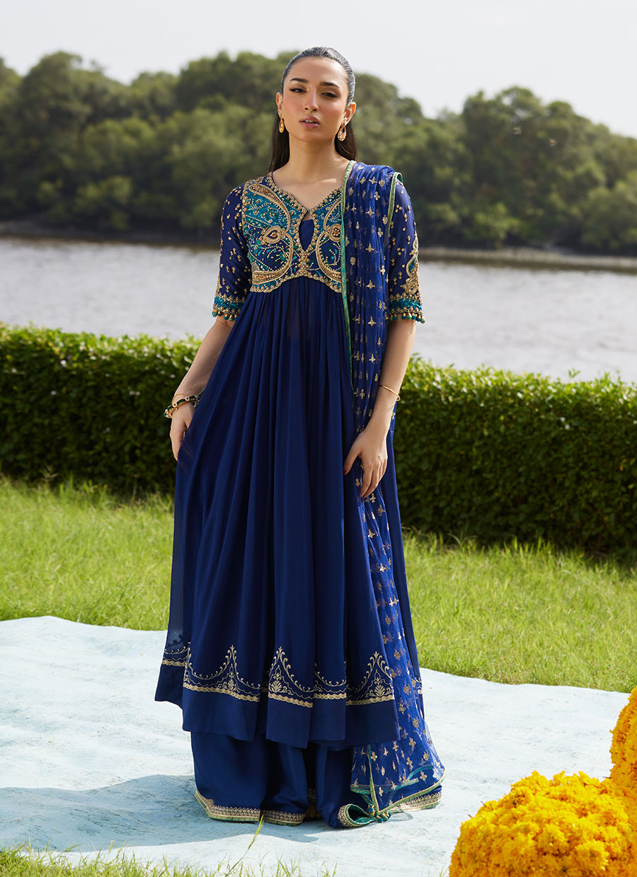 Zari Navy Kalidaar And Dupatta – authentic Pakistani formal dress from the Farah Talib Aziz Mayna Festive Luxe Pret collection for women in the UK