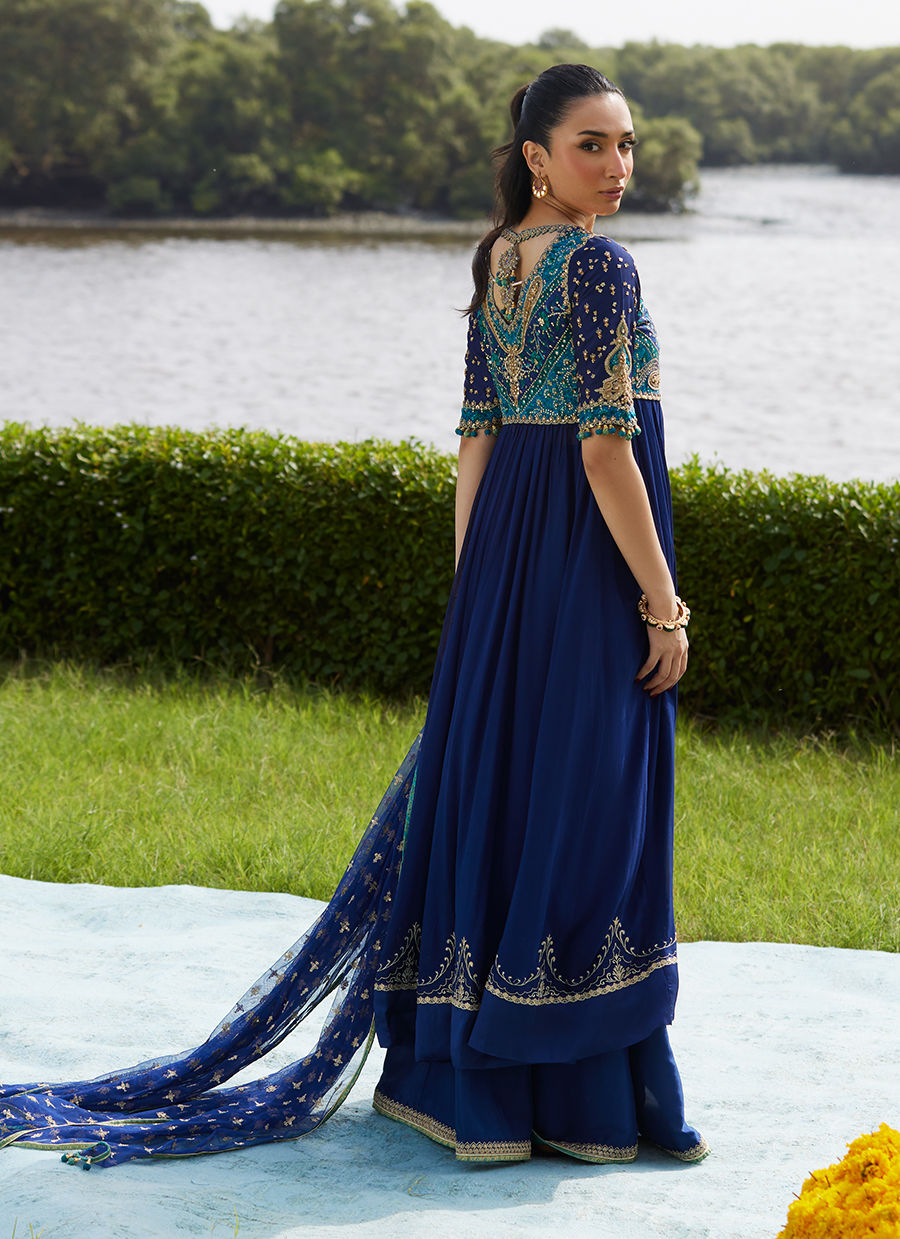 Farah Talib Aziz | Mayna Festive Luxe Pret | Zari Navy Kalidaar And Dupatta