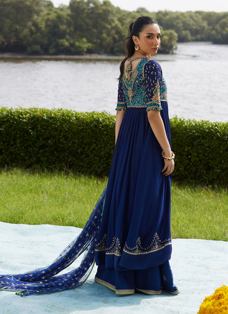 Farah Talib Aziz | Mayna Festive Luxe Pret | Zari Navy Kalidaar And Dupatta
