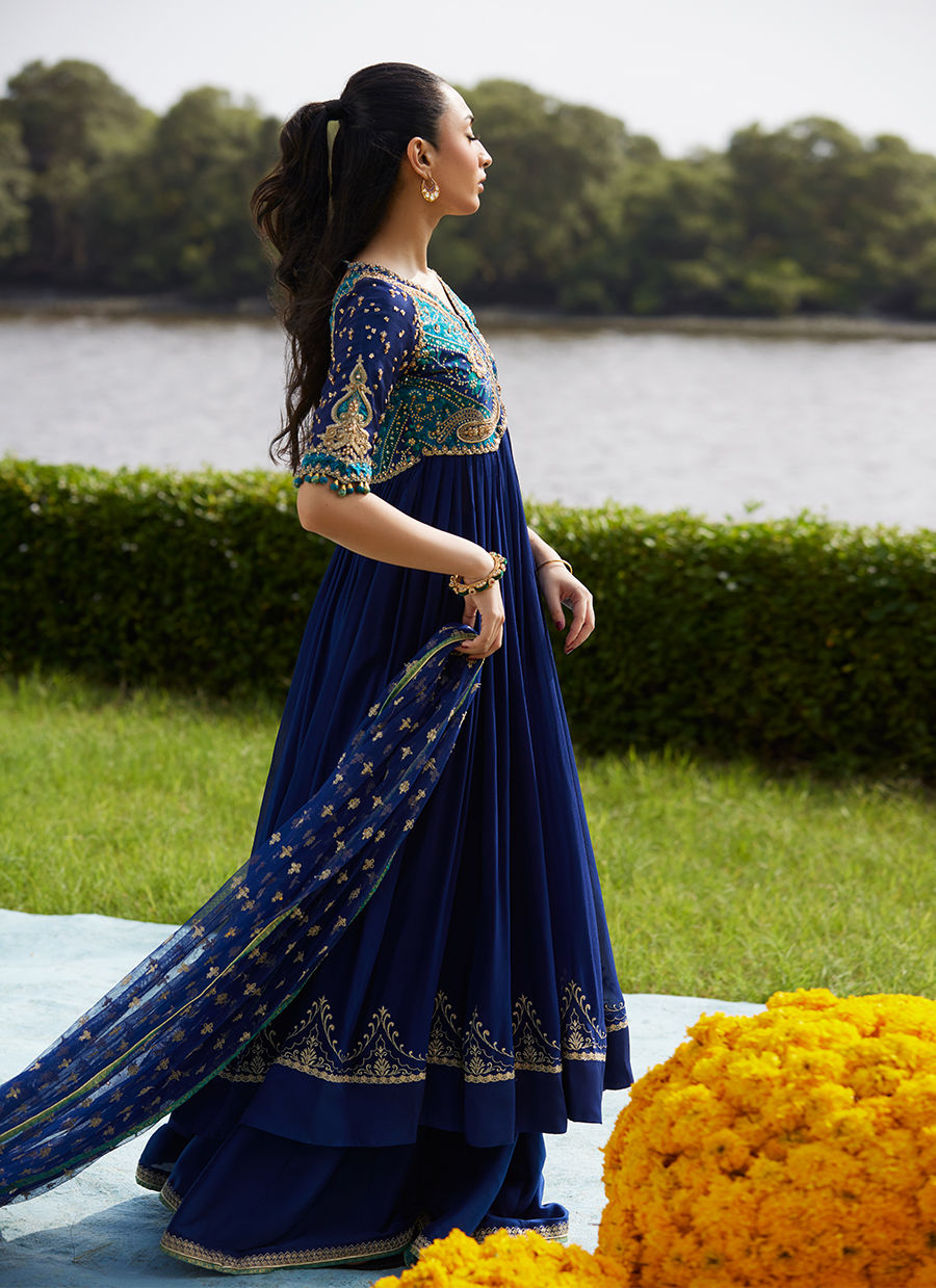 Farah Talib Aziz | Mayna Festive Luxe Pret | Zari Navy Kalidaar And Dupatta