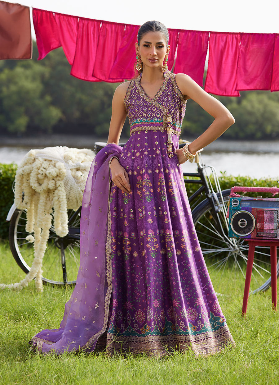 Aurora Aubergine Kalidaar And Dupatta – authentic Pakistani formal dress from the Farah Talib Aziz Mayna Festive Luxe Pret collection for women in the UK