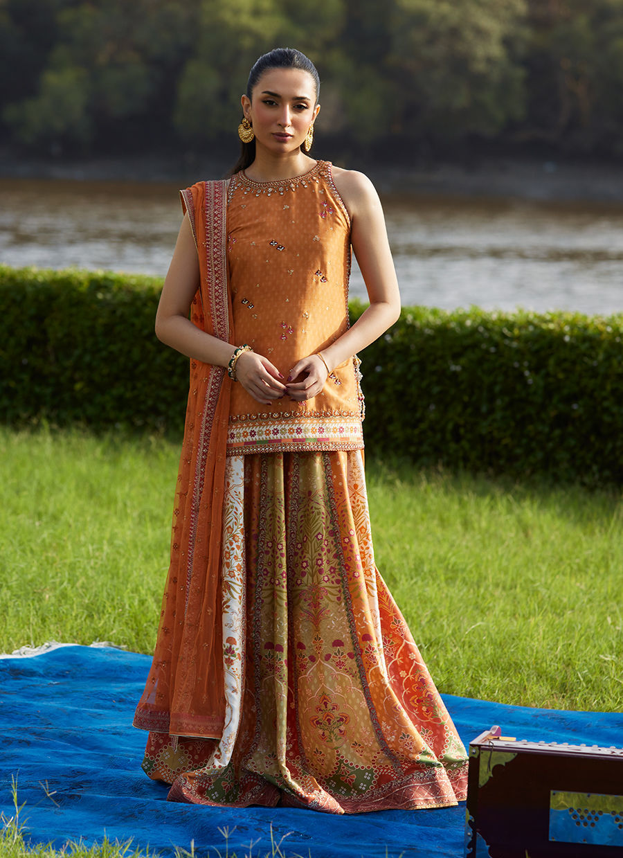 Sitar Saffron Shirt And Dupatta – authentic Pakistani formal dress from the Farah Talib Aziz Mayna Festive Luxe Pret collection for women in the UK