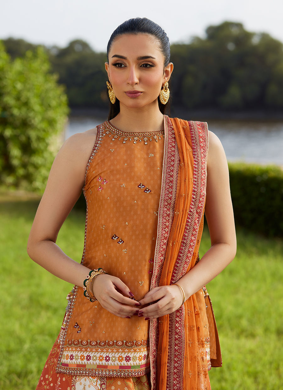 Farah Talib Aziz | Mayna Festive Luxe Pret | Sitar Saffron Shirt And Dupatta