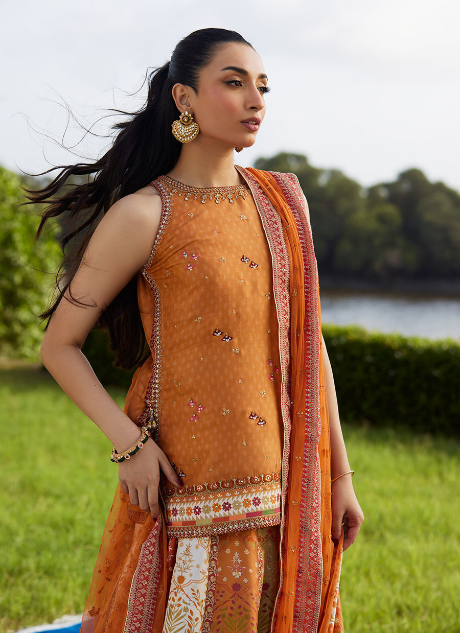 Farah Talib Aziz | Mayna Festive Luxe Pret | Sitar Saffron Shirt And Dupatta