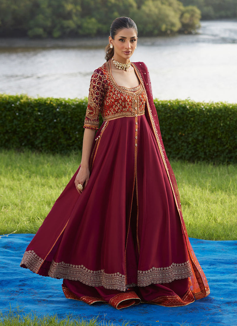Anarq Crimson Kalidaar And Dupatta – authentic Pakistani formal dress from the Farah Talib Aziz Mayna Festive Luxe Pret collection for women in the UK